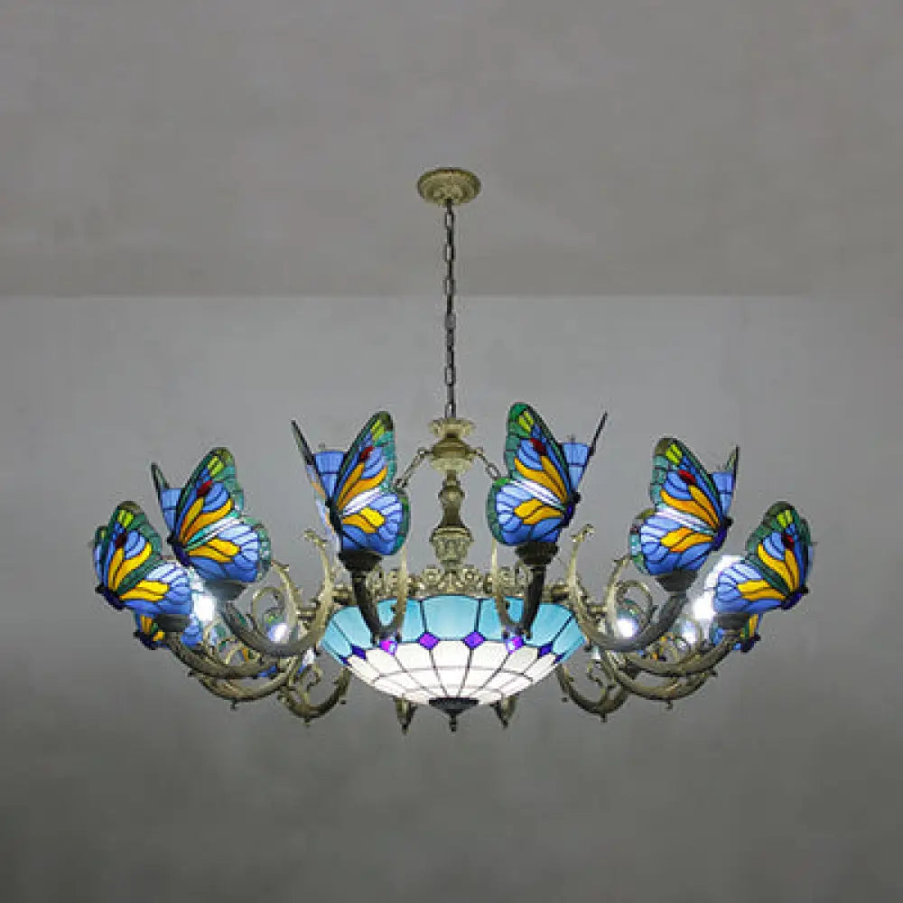 Stained Glass Tiffany Chandelier - Butterfly Indoor Pendant Light In Blue Tones For Hallway Sky