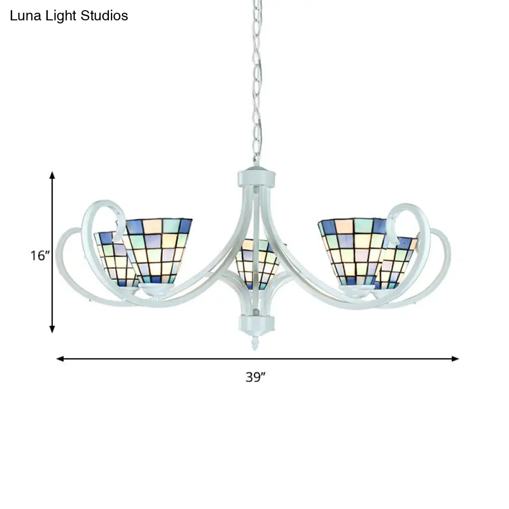 Stained Glass Tiffany Indoor Pendant Light: Cone Ceiling Chandelier With 5/6/8 Lights & Curved Arm