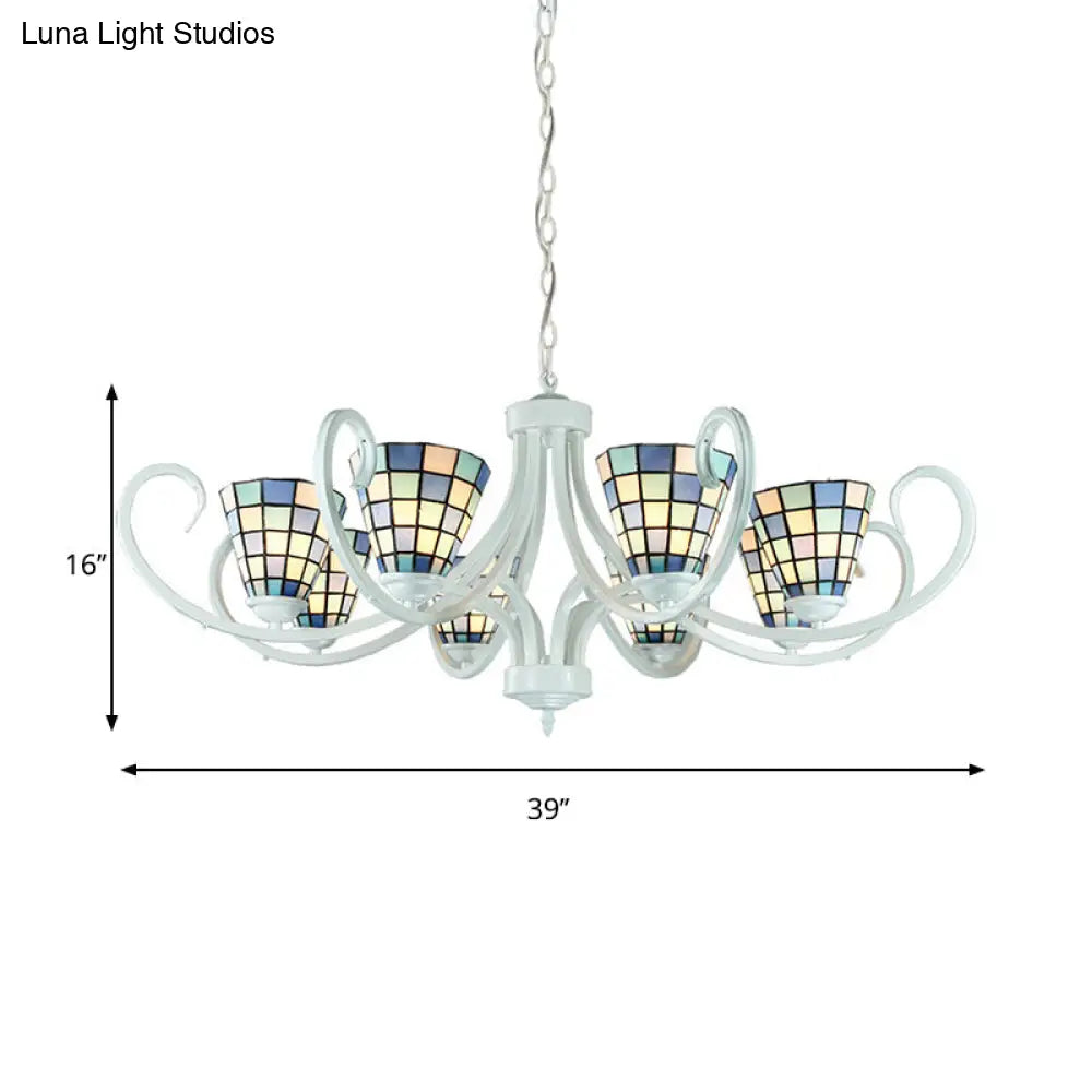 Stained Glass Tiffany Indoor Pendant Light: Cone Ceiling Chandelier With 5/6/8 Lights & Curved Arm