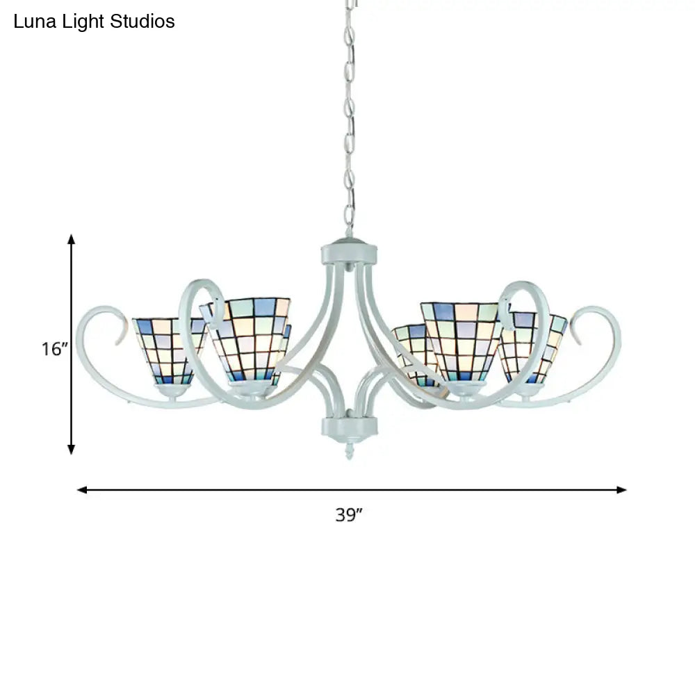 Stained Glass Tiffany Indoor Pendant Light: Cone Ceiling Chandelier With 5/6/8 Lights & Curved Arm