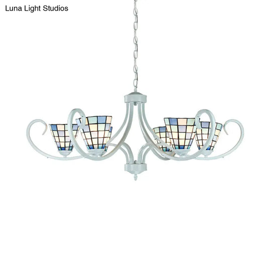 Stained Glass Tiffany Indoor Pendant Light: Cone Ceiling Chandelier With 5/6/8 Lights & Curved Arm