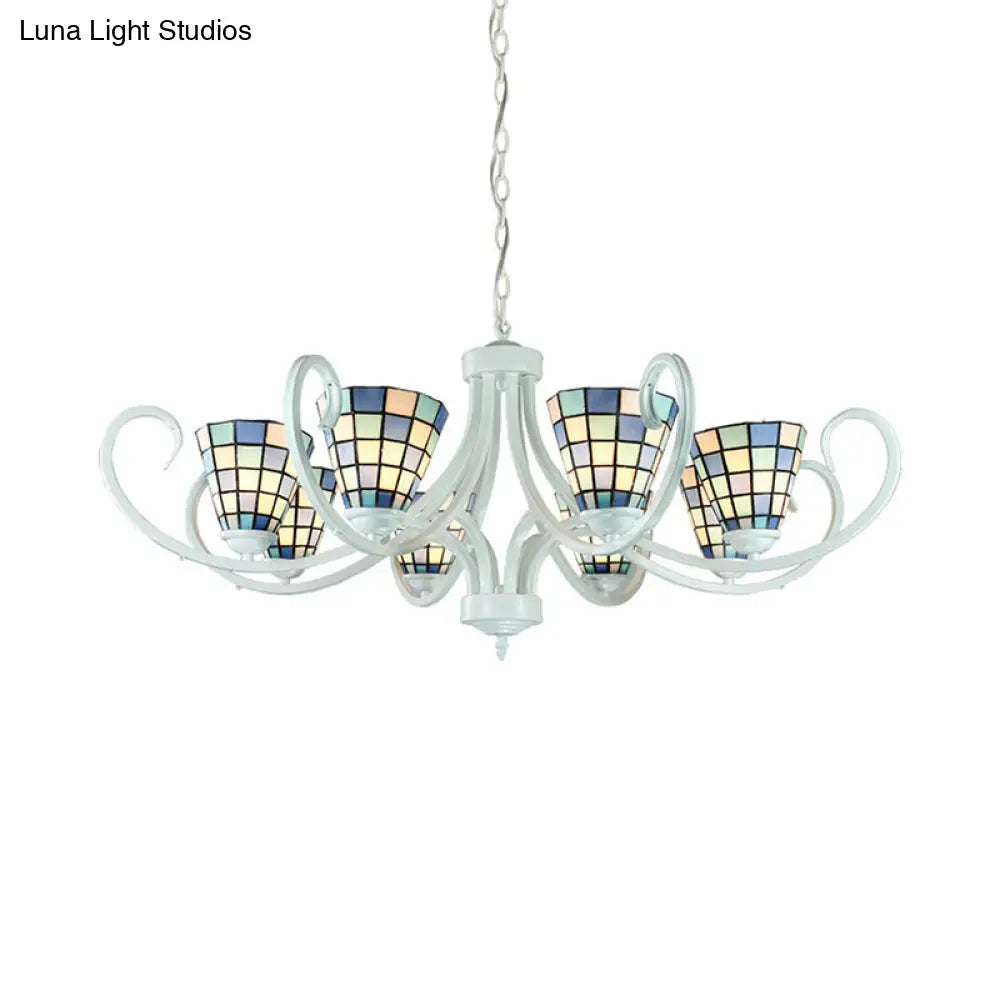 Stained Glass Tiffany Indoor Pendant Light: Cone Ceiling Chandelier With 5/6/8 Lights & Curved Arm