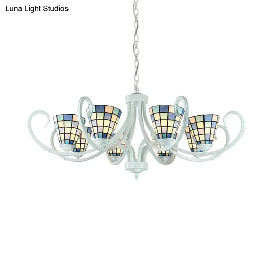 Stained Glass Tiffany Indoor Pendant Light: Cone Ceiling Chandelier With 5/6/8 Lights & Curved Arm