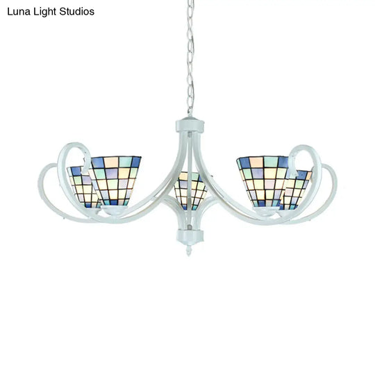 Stained Glass Tiffany Indoor Pendant Light: Cone Ceiling Chandelier With 5/6/8 Lights & Curved Arm