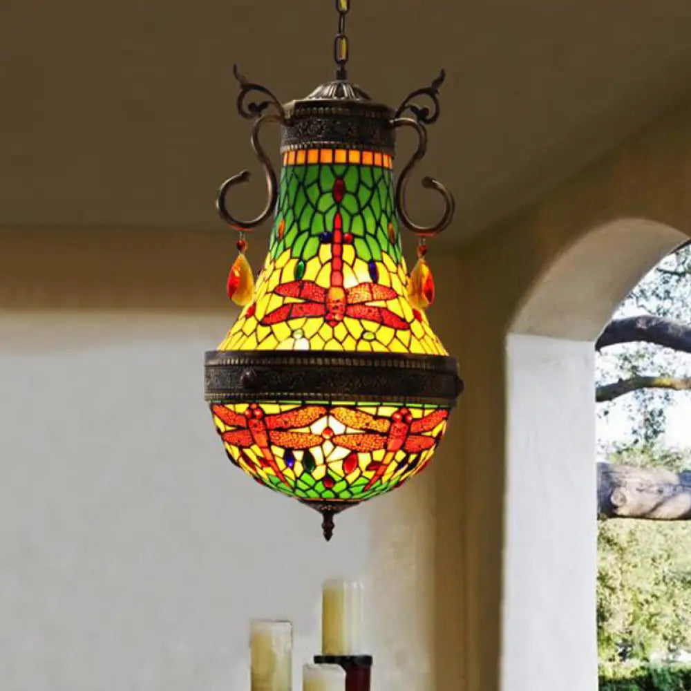 Stained Glass Tiffany Dragonfly Chandelier - 6 Lights In Red/Yellow/Green For Dining Room Green