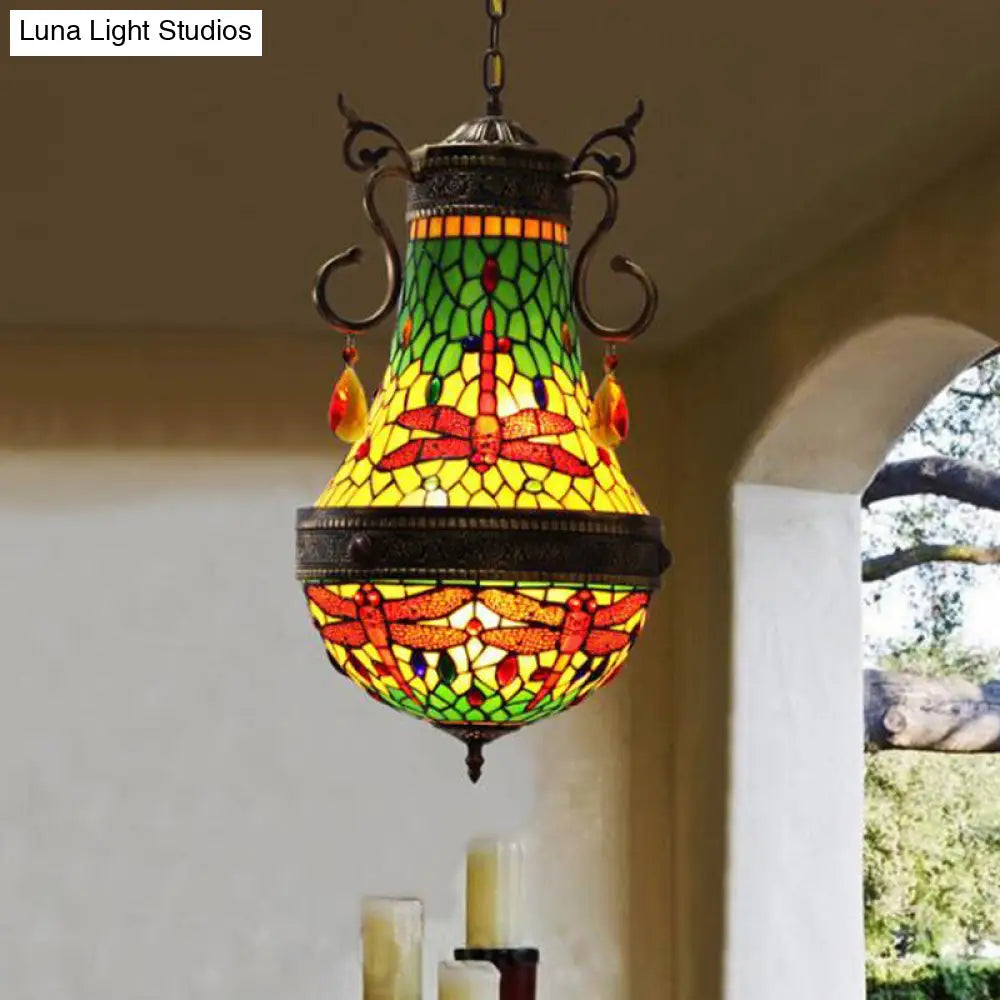 Stained Glass Tiffany Dragonfly Chandelier - 6-Light Pendant Lighting In Red/Yellow/Green For Dining