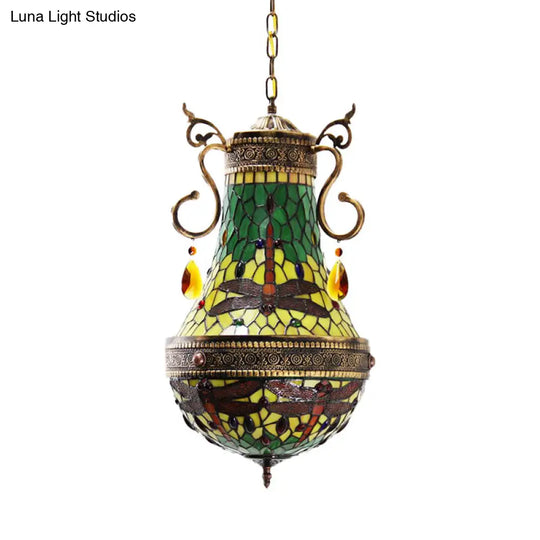 Stained Glass Tiffany Dragonfly Chandelier - 6-Light Pendant Lighting In Red/Yellow/Green For Dining