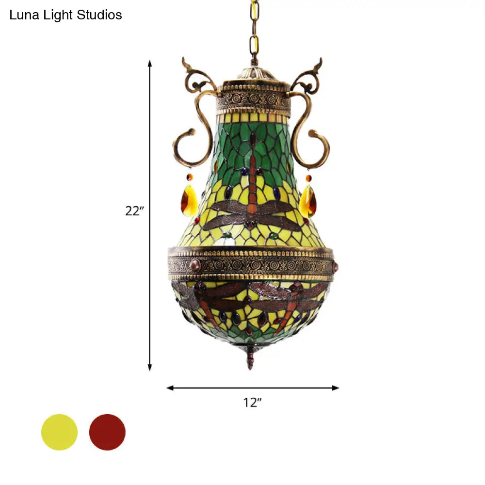 Stained Glass Tiffany Dragonfly Chandelier - 6-Light Pendant Lighting In Red/Yellow/Green For Dining