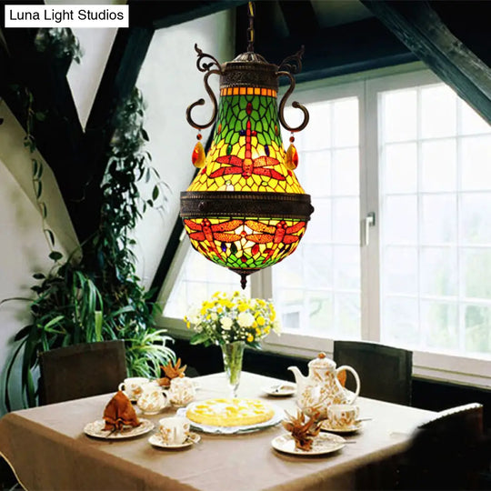 Stained Glass Tiffany Dragonfly Chandelier - 6-Light Pendant Lighting In Red/Yellow/Green For Dining