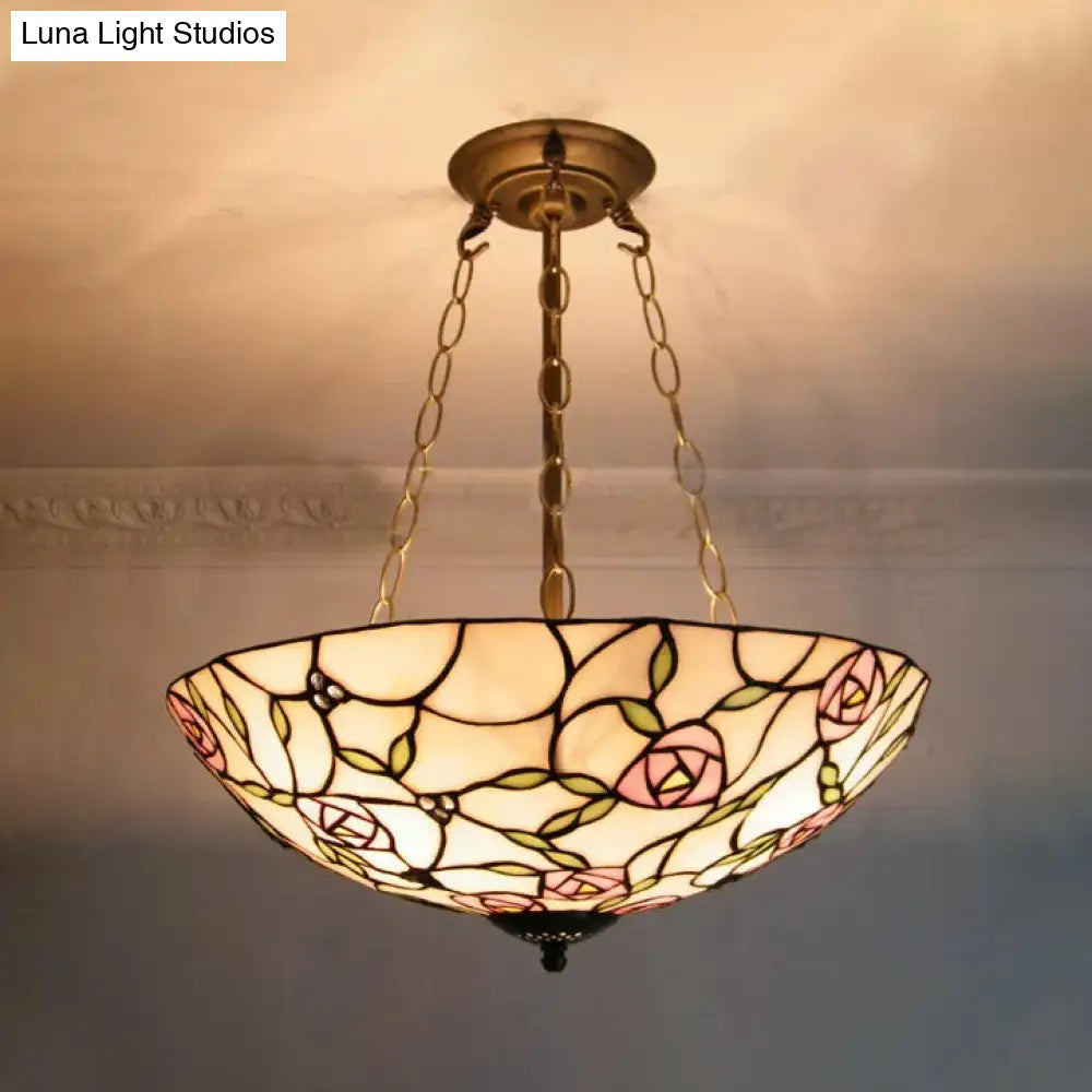 Tiffany Led Ceiling Light 3-Light Stained Glass Semi Flush Dome In Aged Brass With Chain And Rose