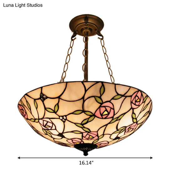 Stained Glass Tiffany Led Ceiling Light With 3-Lights Aged Brass Chain And Rose Pattern