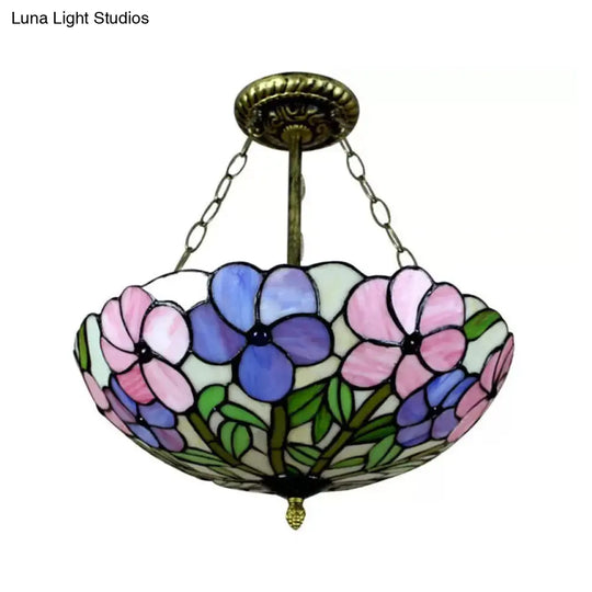 Tiffany Led Ceiling Light 3-Light Stained Glass Semi Flush Dome In Aged Brass With Chain And Rose