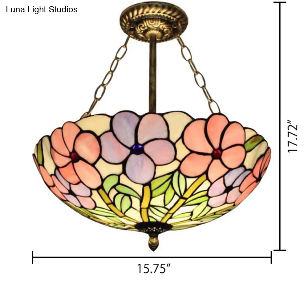 Stained Glass Tiffany Led Ceiling Light With 3-Lights Aged Brass Chain And Rose Pattern