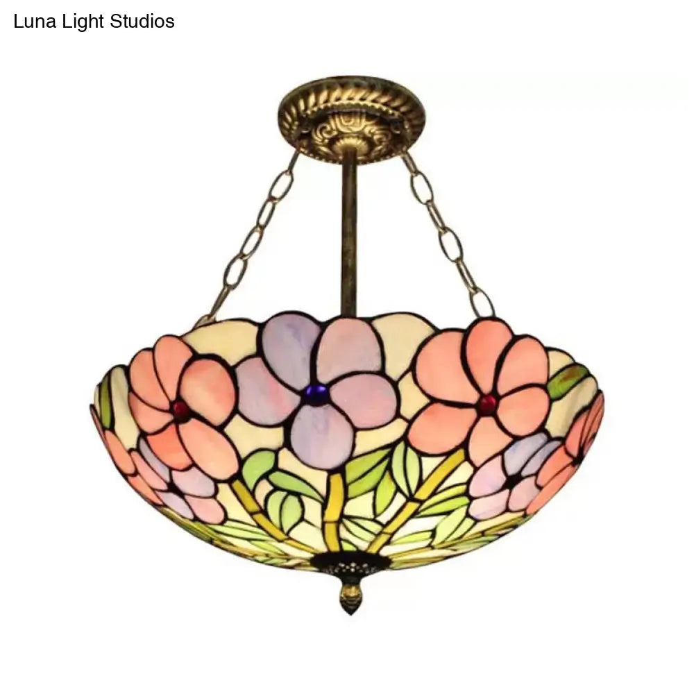 Tiffany Led Ceiling Light 3-Light Stained Glass Semi Flush Dome In Aged Brass With Chain And Rose