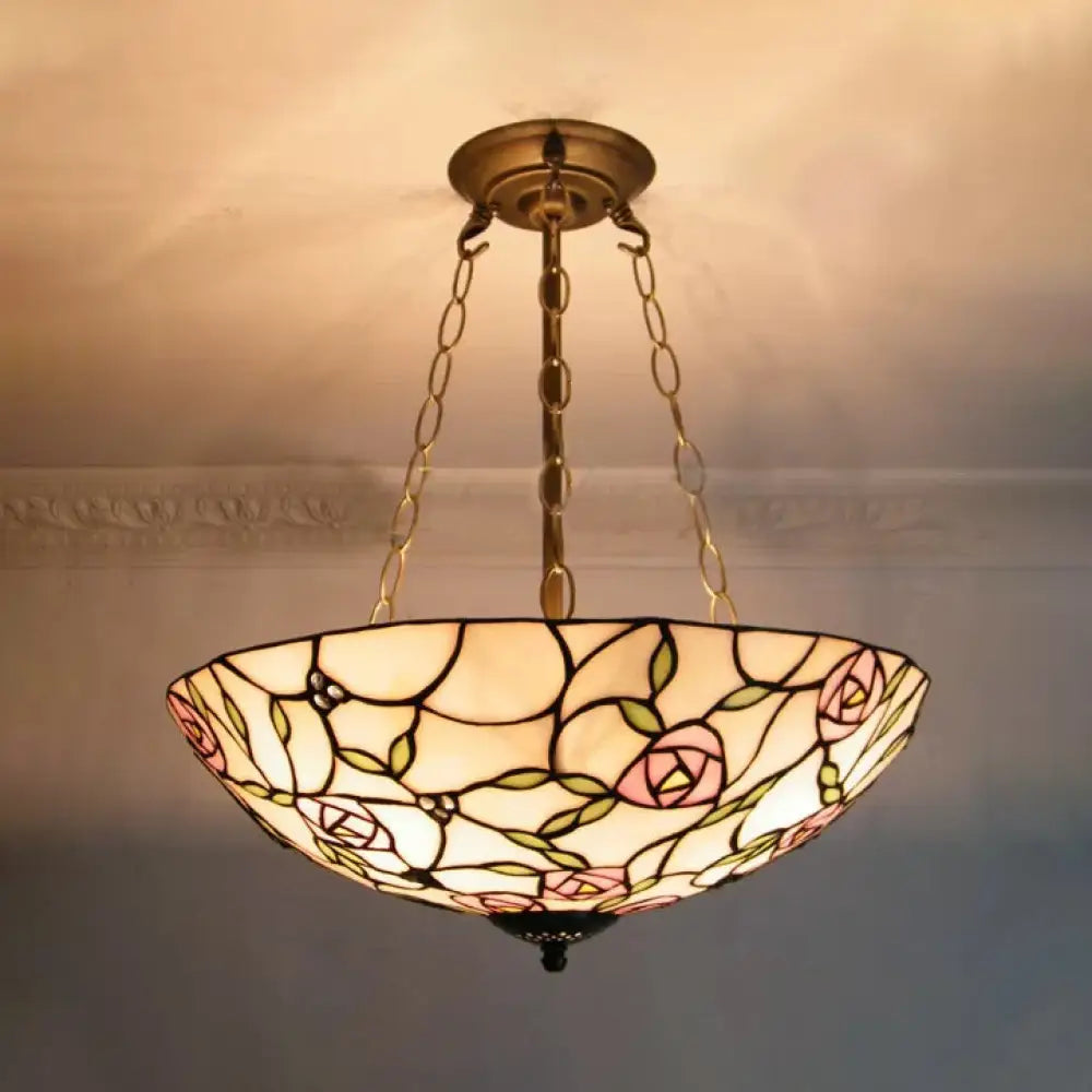 Stained Glass Tiffany Led Ceiling Light With 3-Lights Aged Brass Chain And Rose Pattern White /