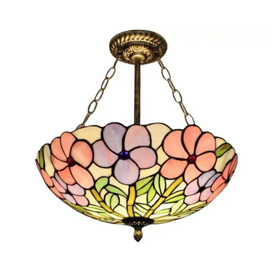 Stained Glass Tiffany Led Ceiling Light With 3-Lights Aged Brass Chain And Rose Pattern White /