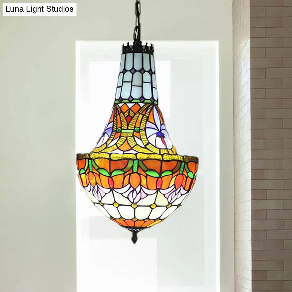 Stained Glass Tiffany Pendant Flower Chandelier - 3/5 Lights 12’/16’ Wide Antique Bronze Finish