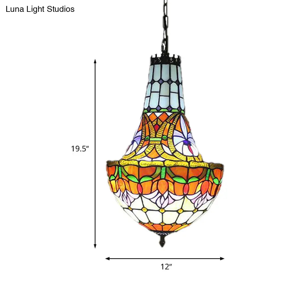 Stained Glass Tiffany Pendant Flower Chandelier - 3/5 Lights 12’/16’ Wide Antique Bronze Finish