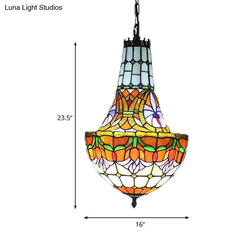 Stained Glass Tiffany Pendant Flower Chandelier - 3/5 Lights 12’/16’ Wide Antique Bronze Finish