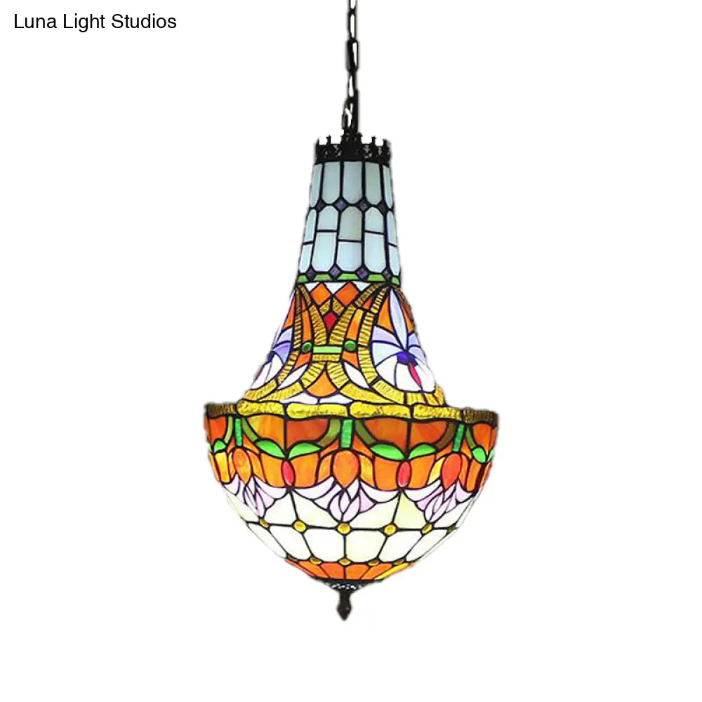 Stained Glass Tiffany Pendant Flower Chandelier - 3/5 Lights 12’/16’ Wide Antique Bronze Finish