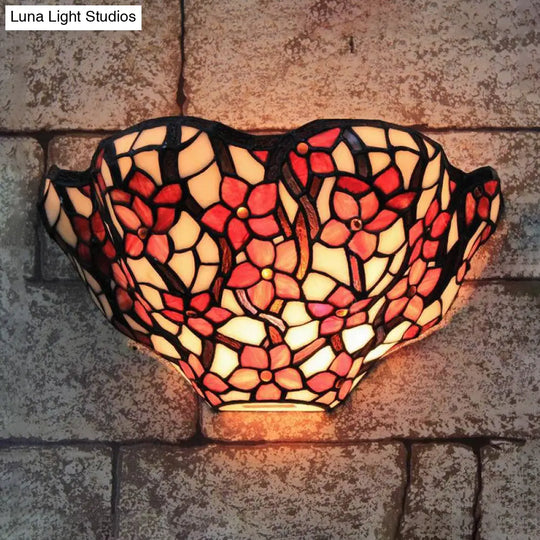 Stained Glass Tiffany Rustic Wall Sconce: Floral Front Door Light In Black & Red