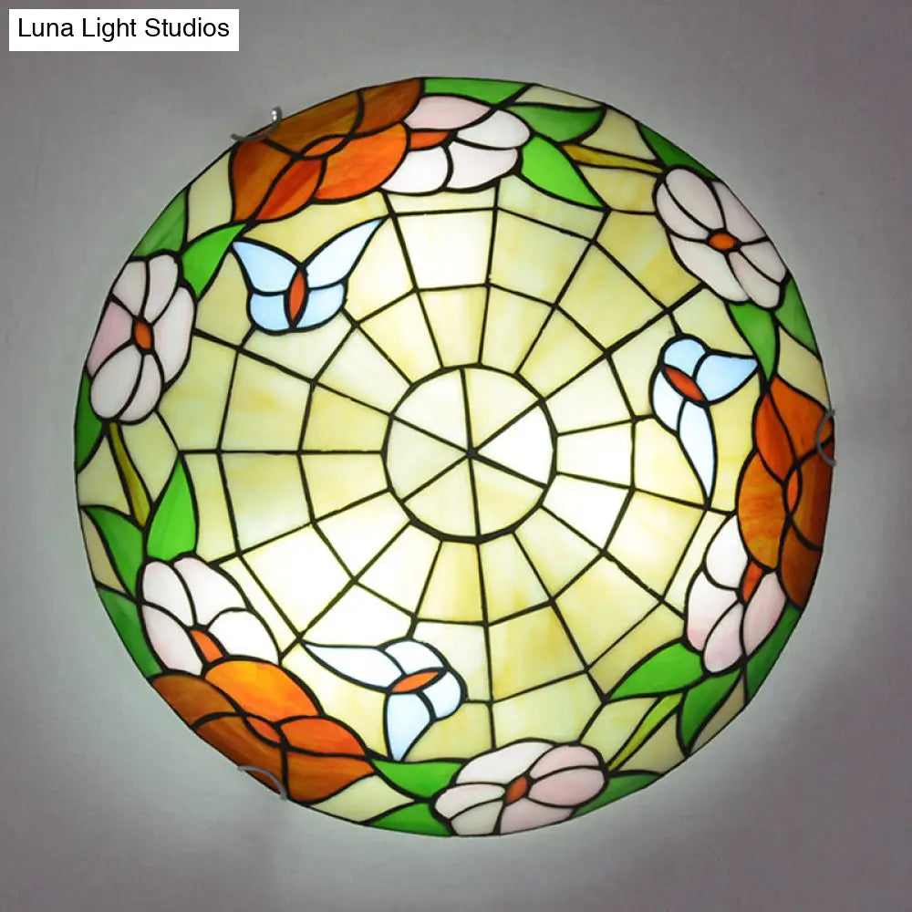 Stained Glass Tiffany-Style Ceiling Light In Multicolored Bowl Design For Bedroom Red / 12