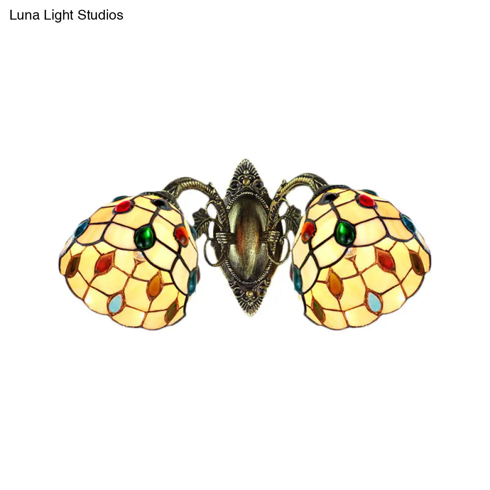 Stained Glass Tiffany-Style Domed Wall Light With 2 Jewel Heads For Stairway Mounting