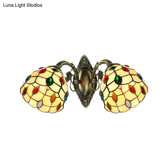 Stained Glass Tiffany-Style Domed Wall Light With 2 Jewel Heads For Stairway Mounting