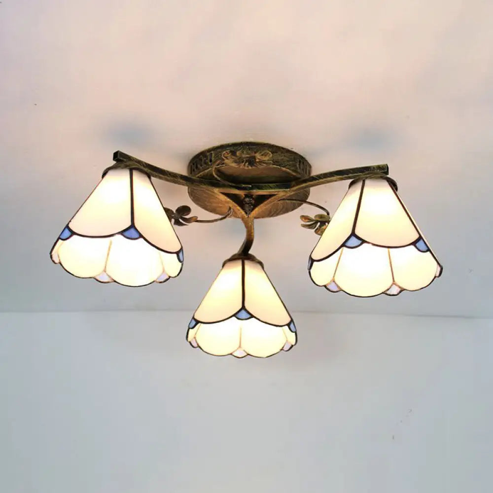 Stained Glass Tiffany Style Flushmount Light With 3 Lights - White/Clear/Blue/Beige White