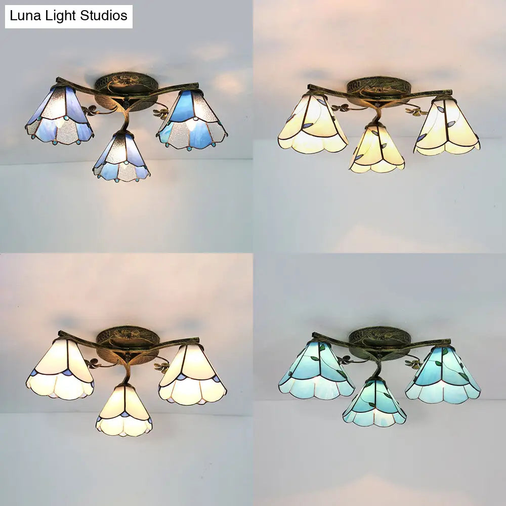 Stained Glass Tiffany Style Flushmount Light With 3 Lights - White/Clear/Blue/Beige