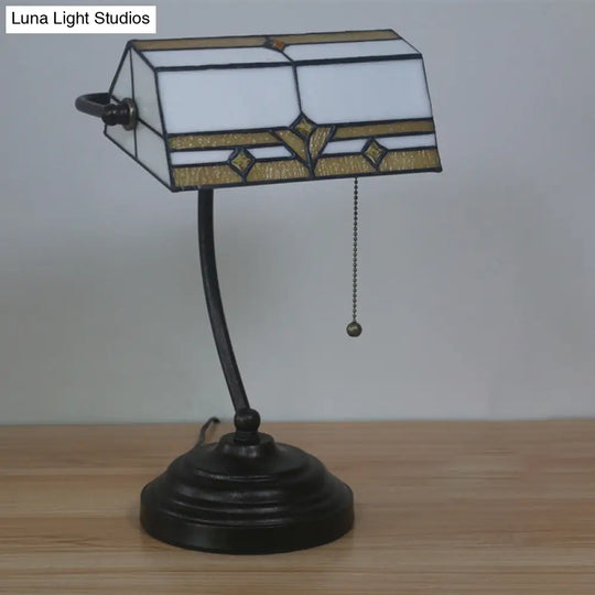 Stained Glass Tiffany Style Nightstand Table Light - White Gem-Like Single Head With Pull Chain