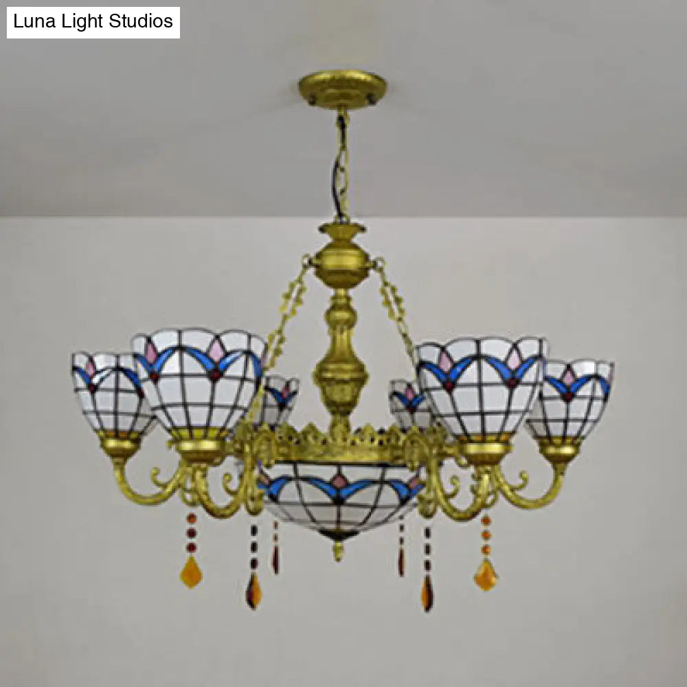 Stained Glass Tulip Chandelier With 7 Heads In Country Bowl Style And Brass Finish For Living Room