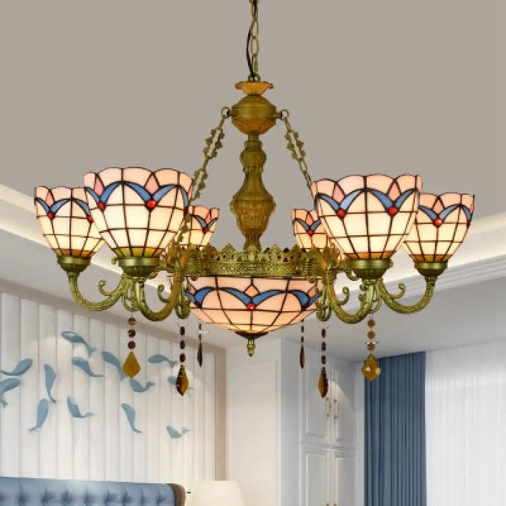 Stained Glass Tulip Chandelier - 7-Headed Pendant In Brass Finish For Living Room White