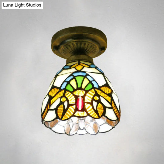 Stained Glass Vintage Dome Ceiling Light Fixture For Corridor - Semi Flush Includes 1 Bulb Beige / 6