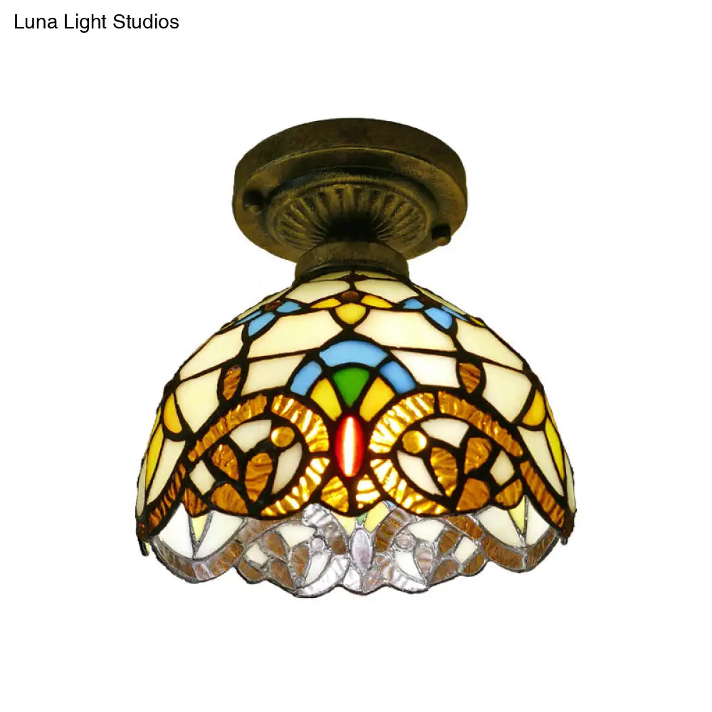 Stained Glass Vintage Dome Ceiling Light Fixture For Corridor - Semi Flush Includes 1 Bulb
