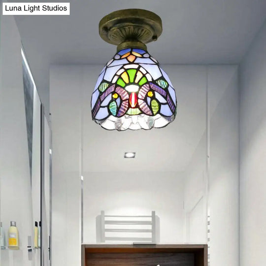 Stained Glass Vintage Dome Ceiling Light Fixture For Corridor - Semi Flush Includes 1 Bulb Blue / 6