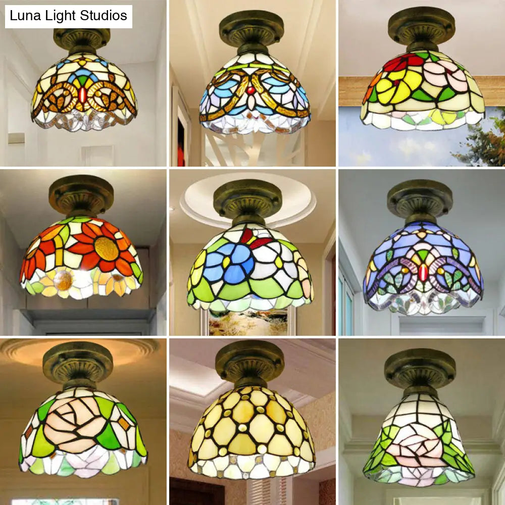 Stained Glass Vintage Dome Ceiling Light Fixture For Corridor - Semi Flush Includes 1 Bulb
