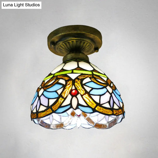 Stained Glass Vintage Dome Ceiling Light Fixture For Corridor - Semi Flush Includes 1 Bulb Gold / 8