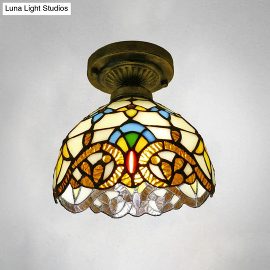 Stained Glass Vintage Dome Ceiling Light Fixture For Corridor - Semi Flush Includes 1 Bulb Beige / 8