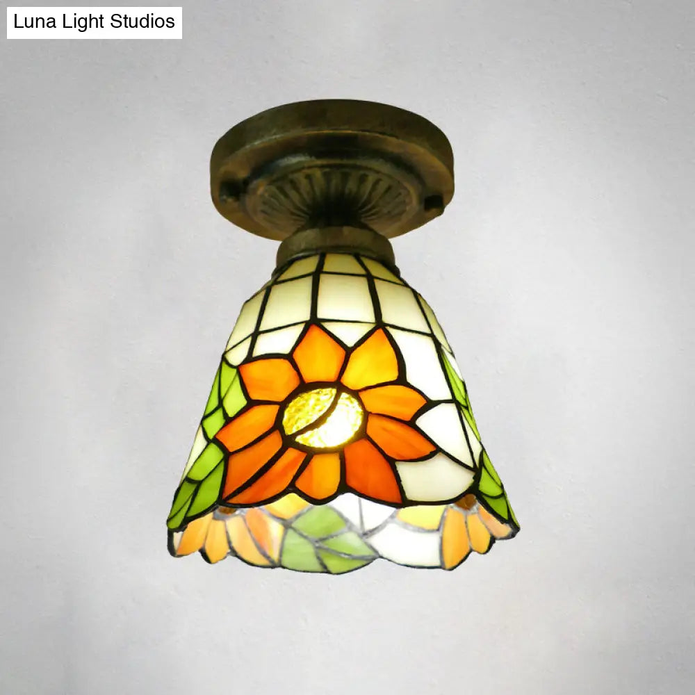 Stained Glass Vintage Dome Ceiling Light Fixture For Corridor - Semi Flush Includes 1 Bulb Orange /