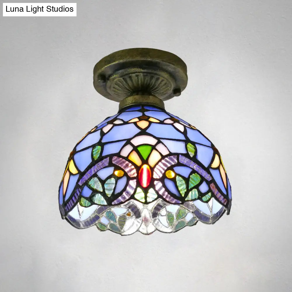 Stained Glass Vintage Dome Ceiling Light Fixture For Corridor - Semi Flush Includes 1 Bulb Blue / 8