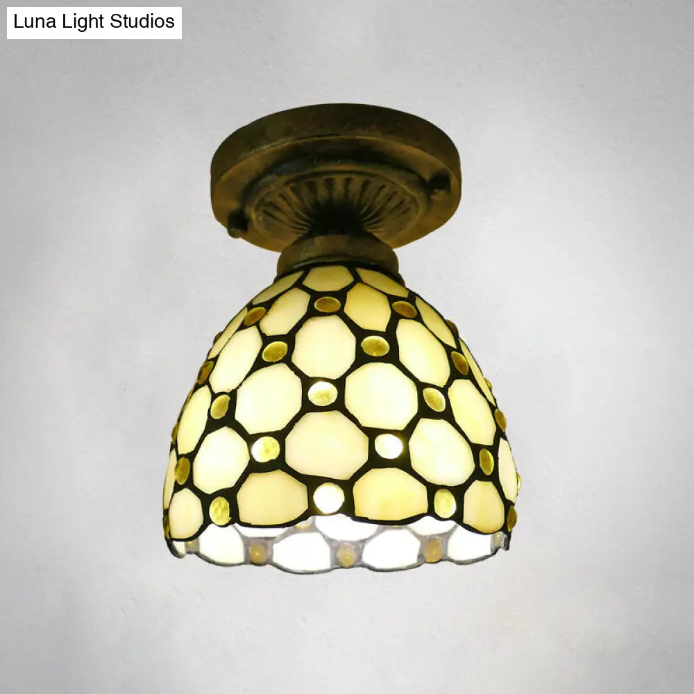 Stained Glass Vintage Dome Ceiling Light Fixture For Corridor - Semi Flush Includes 1 Bulb Yellow /