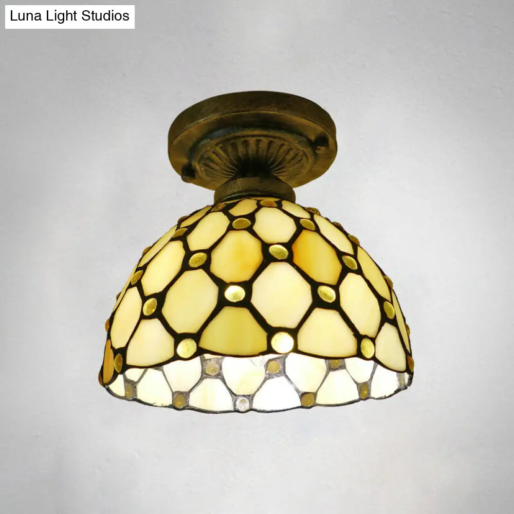 Stained Glass Vintage Dome Ceiling Light Fixture For Corridor - Semi Flush Includes 1 Bulb Yellow /