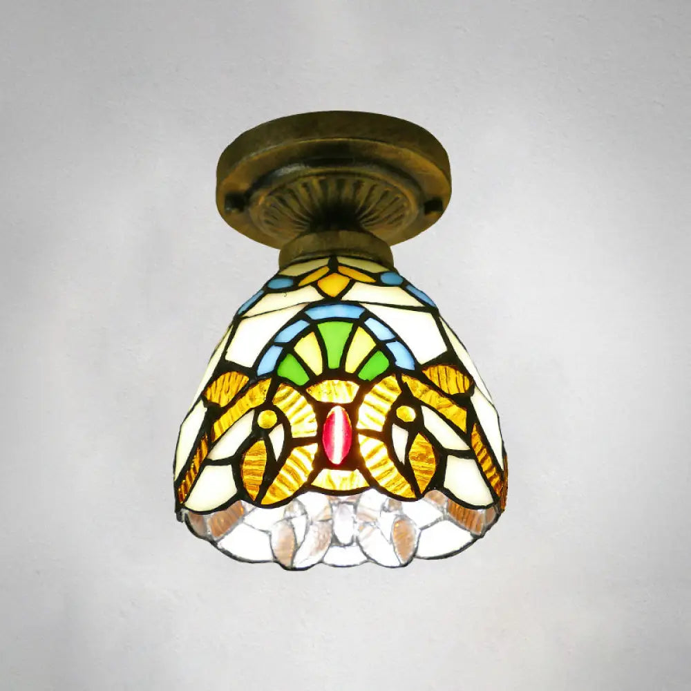 Stained Glass Vintage Dome Ceiling Light Fixture For Corridor - Semi Flush Includes 1 Bulb Beige /