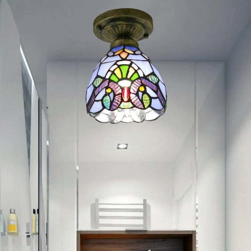 Stained Glass Vintage Dome Ceiling Light Fixture For Corridor - Semi Flush Includes 1 Bulb Blue / 6’
