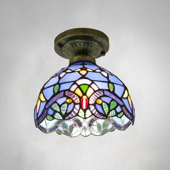 Stained Glass Vintage Dome Ceiling Light Fixture For Corridor - Semi Flush Includes 1 Bulb Blue / 8’