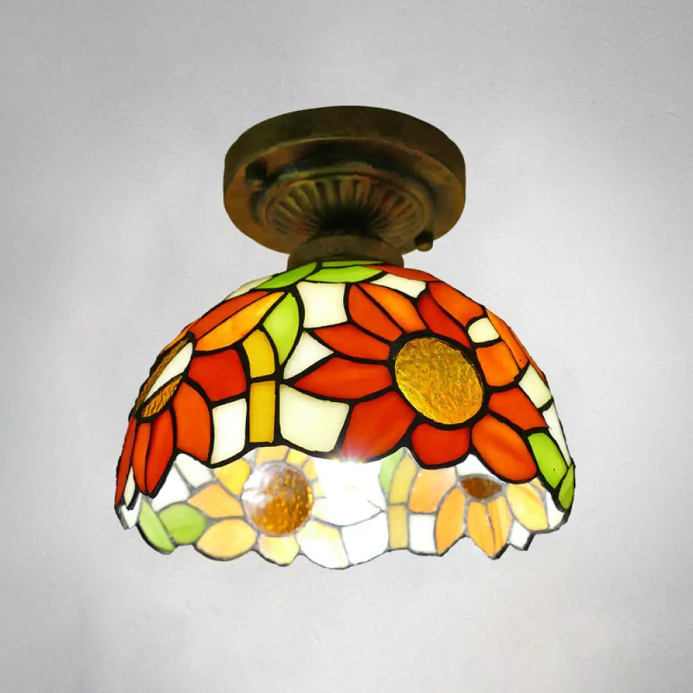 Stained Glass Vintage Dome Ceiling Light Fixture For Corridor - Semi Flush Includes 1 Bulb Orange /