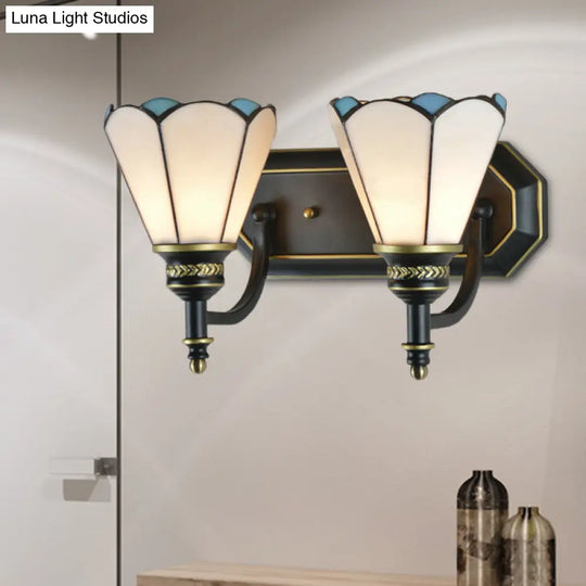 Stained Glass Wall Mount Light With Traditional Cone Design - Ideal For Kitchen 2 Heads