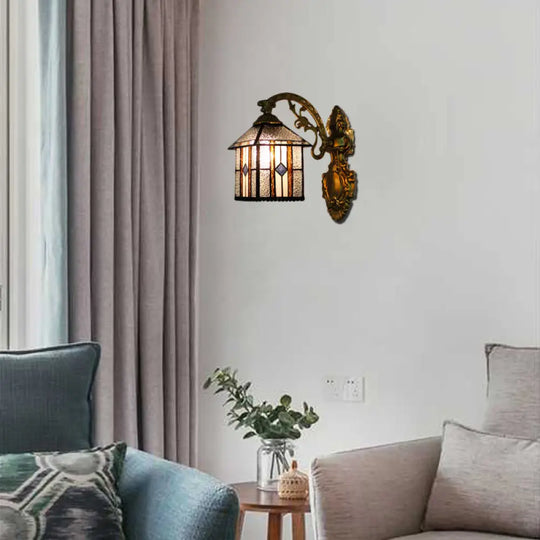 Stained Glass Wall Sconce With Mission Style Design In Brass - Perfect Bedroom Lighting Clear