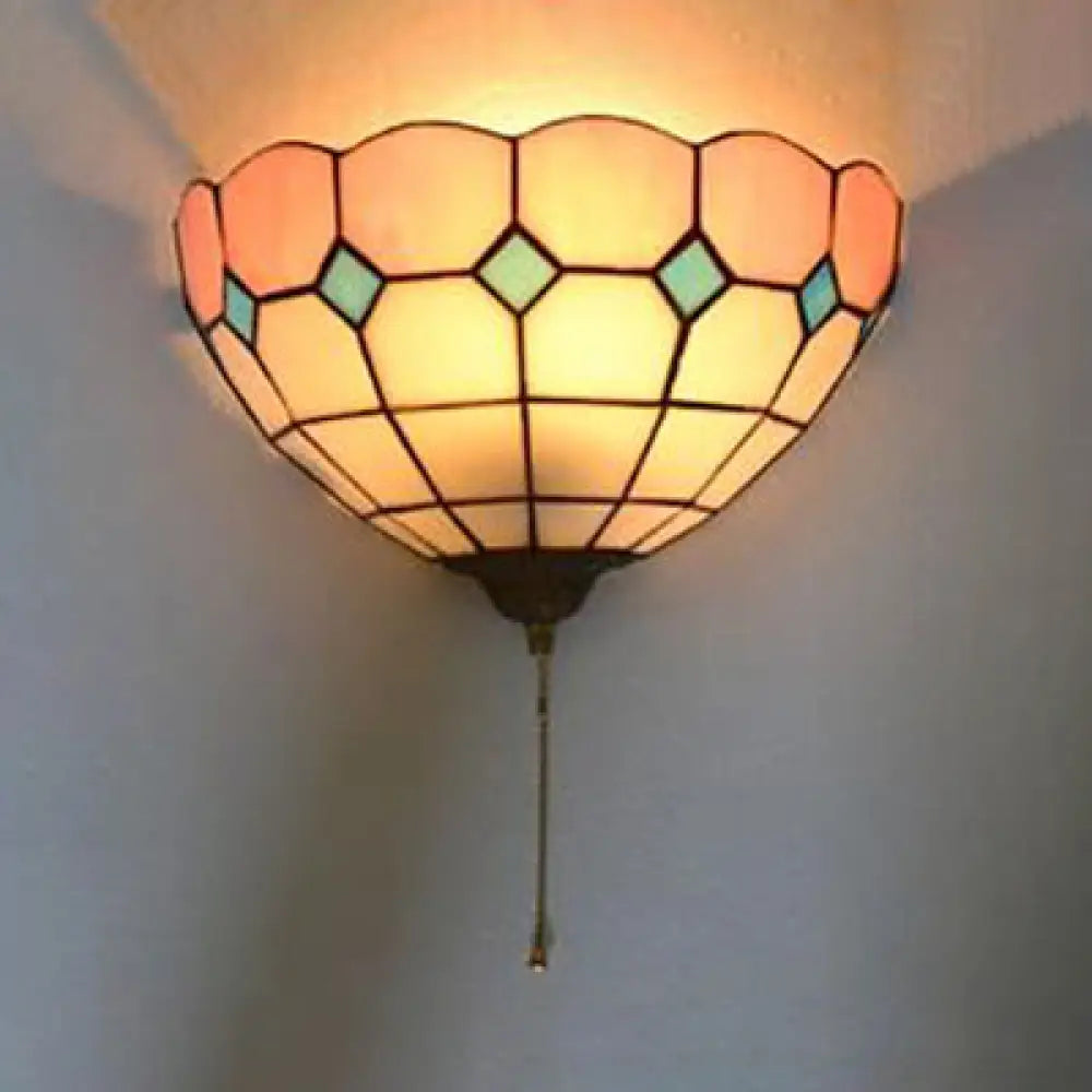 Stained Glass Wall Sconce With Pull Chain - Pink And White Bowl Design 1 Bulb Tiffany Light